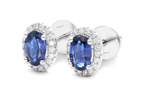 Earrings 18kt Gold Oval Blue Sapphires Stud & Round Diamonds - Albert Hern Fine Jewelry