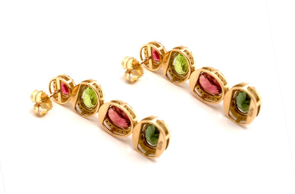 Earrings 18kt Gold Oval Peridots Tourmalines & Pave Diamonds - Albert Hern Fine Jewelry