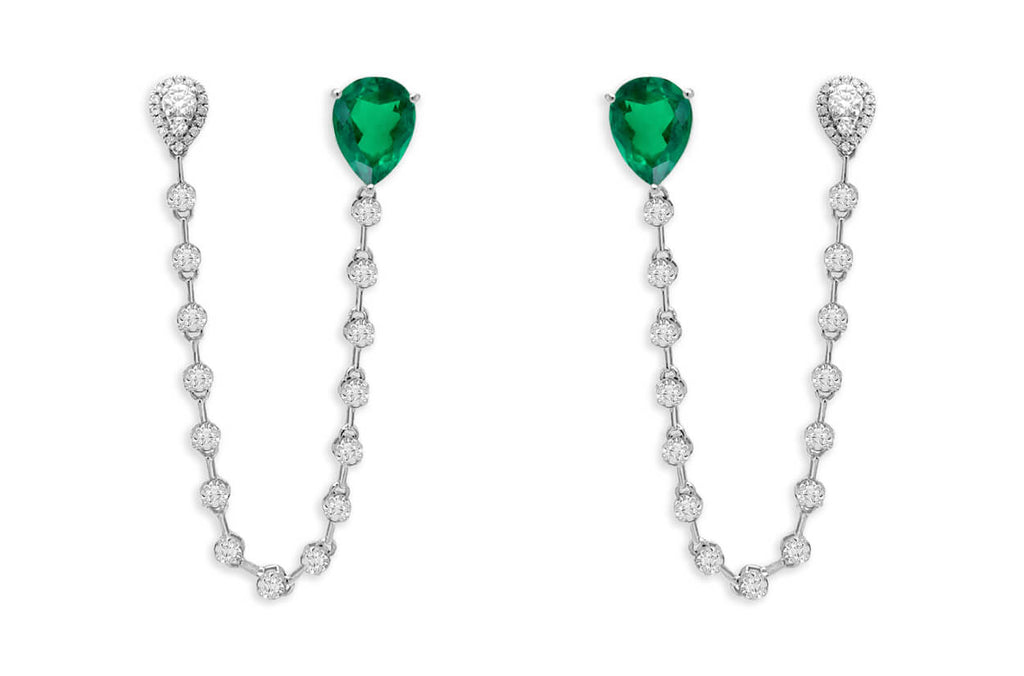 Earrings 18kt Gold Pear Emerald & Diamonds Double Stud - Albert Hern Fine Jewelry