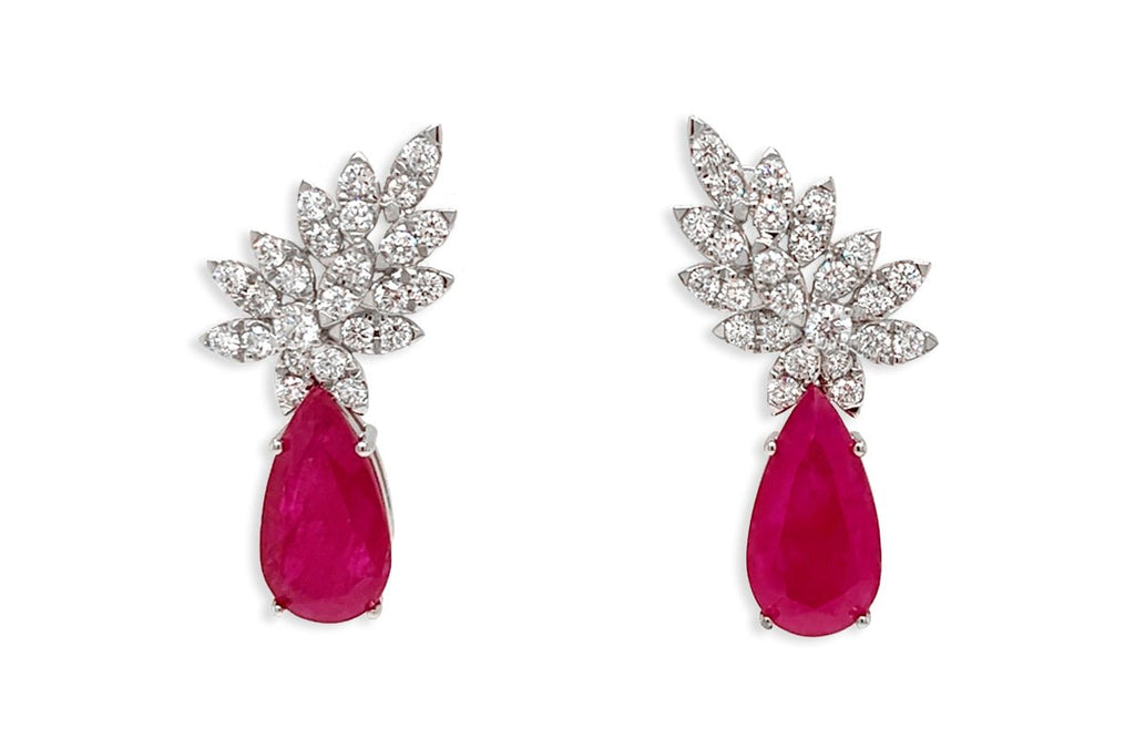 Earrings 18kt Gold Pear Rubies & Diamonds Statement Drops - Albert Hern Fine Jewelry