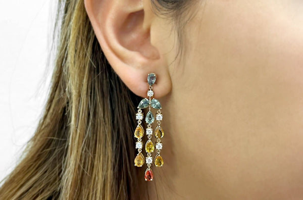 Earrings 18kt Gold Pear Sapphires & Diamonds Chandelier - Albert Hern Fine Jewelry
