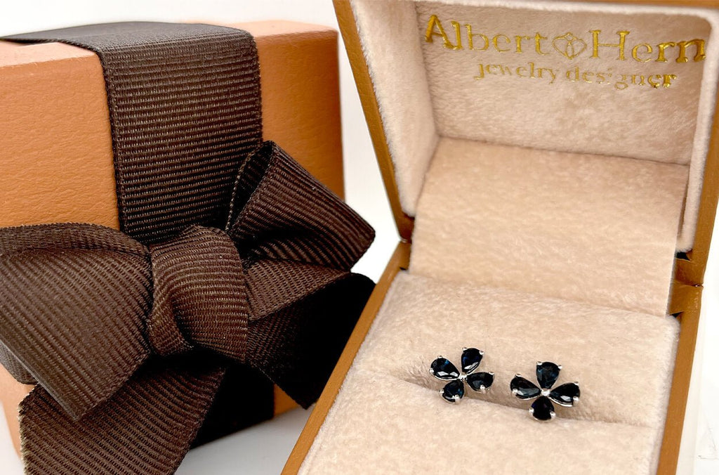 Earrings 18kt Gold Pear Shape Gemstones Flower Studs - Albert Hern Fine Jewelry