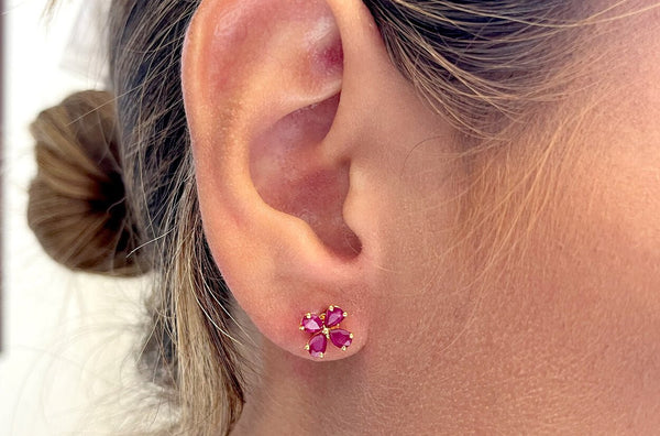 Earrings 18kt Gold Pear Shape Gemstones Flower Studs - Albert Hern Fine Jewelry