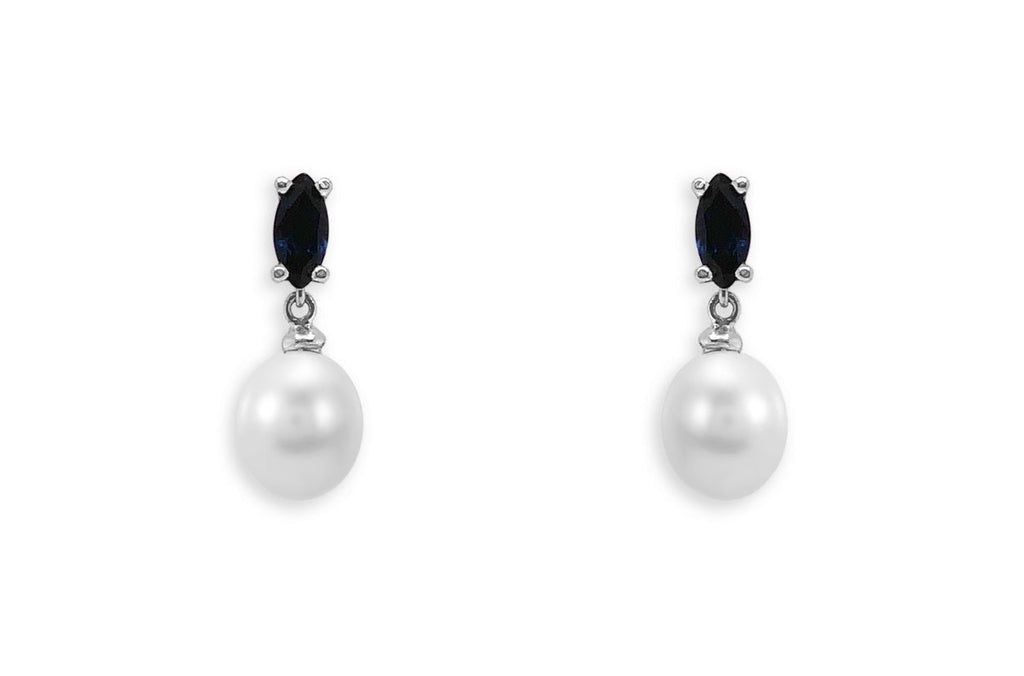 Earrings 18kt Gold Pearls & Marquise Sapphires - Albert Hern Fine Jewelry