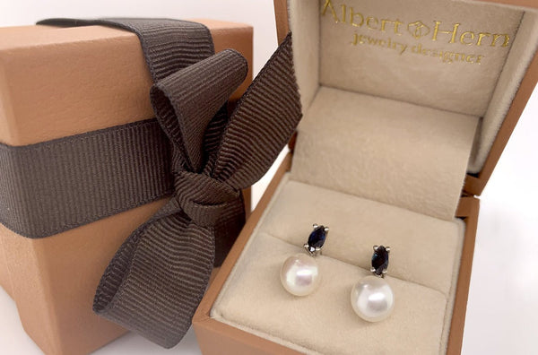 Earrings 18kt Gold Pearls & Marquise Sapphires - Albert Hern Fine Jewelry