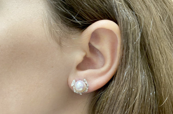 Earrings 18kt Gold Pearls & Surrounding Diamonds Studs - Albert Hern Fine Jewelry