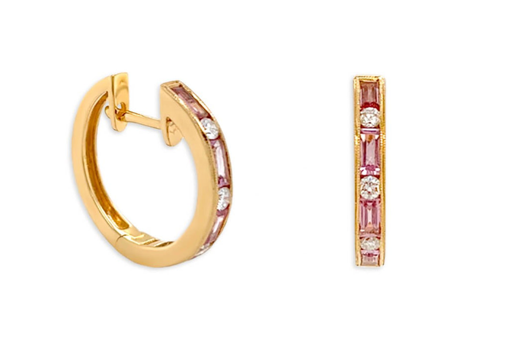 Earrings 18kt Gold Pink Sapphires & Diamonds Huggies - Albert Hern Fine Jewelry