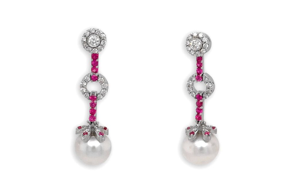 Earrings 18kt Gold Pink Sapphires with Pearls & Detachable Diamonds - Albert Hern Fine Jewelry