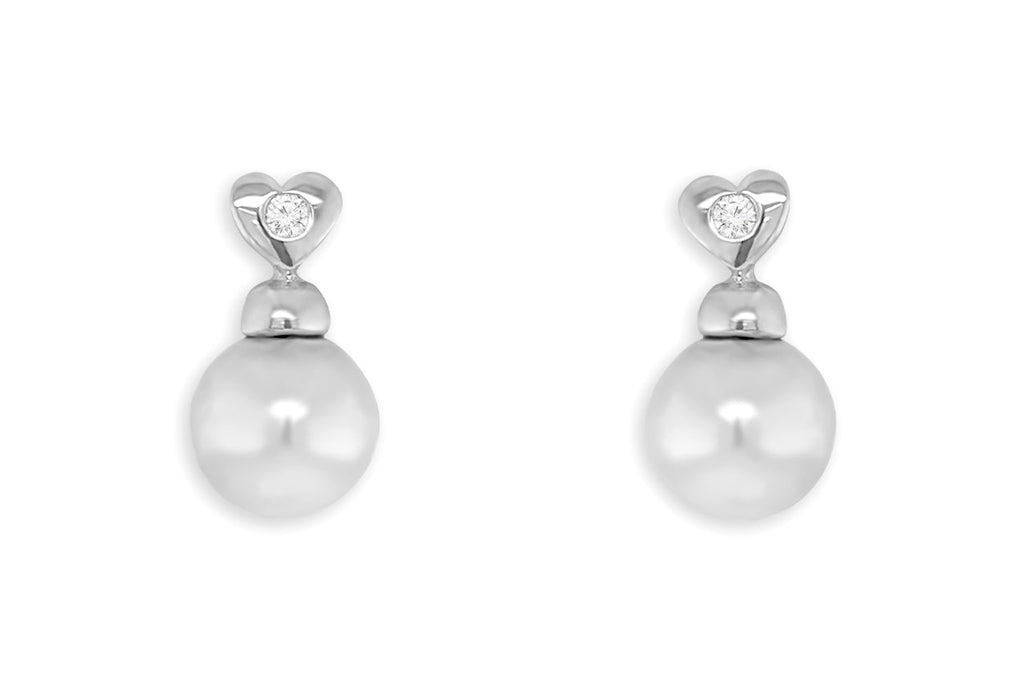 Earrings 18kt Gold Round Grey Pearls & Center Diamonds Hearts Studs - Albert Hern Fine Jewelry