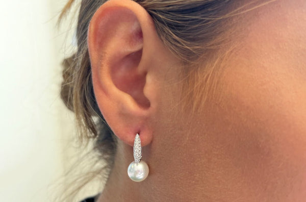 Earrings 18kt Gold Sea Pearls & Diamonds Huggies - Albert Hern Fine Jewelry