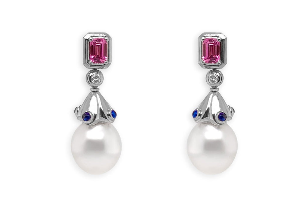 Earrings 18kt Gold South Sea Pears Sapphires & Diamonds - Albert Hern Fine Jewelry