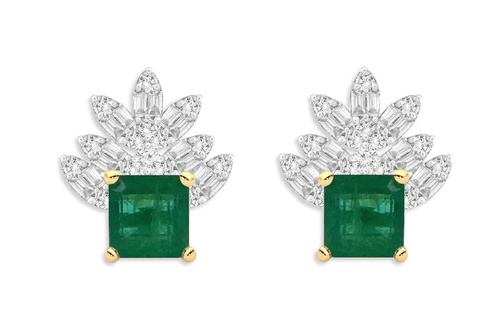 Earrings 18kt Gold Square Emerald & Marquise Illusion Diamonds - Albert Hern Fine Jewelry