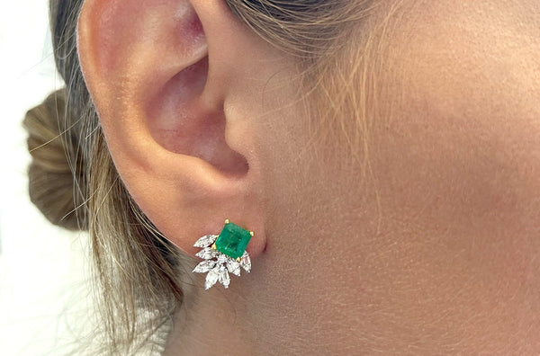 Earrings 18kt Gold Square Emerald & Marquise Illusion Diamonds - Albert Hern Fine Jewelry