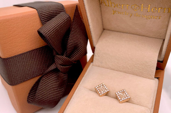 Earrings 18kt Gold Square Illusion Baguettes & Rounds Diamonds Studs - Albert Hern Fine Jewelry
