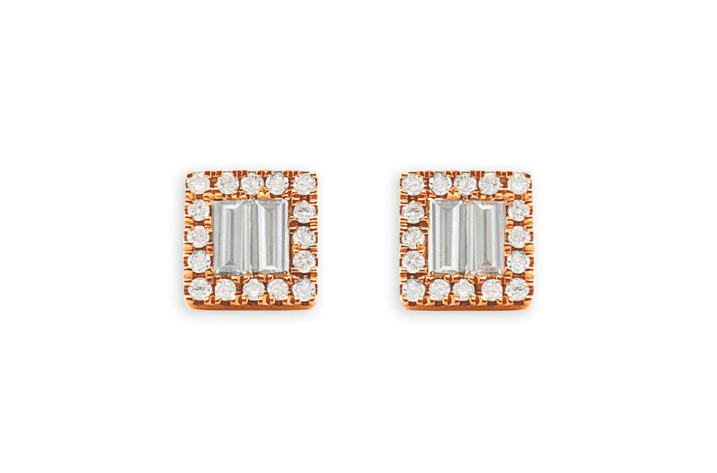 Earrings 18kt Gold Square Illusion Baguettes & Rounds Diamonds Studs - Albert Hern Fine Jewelry