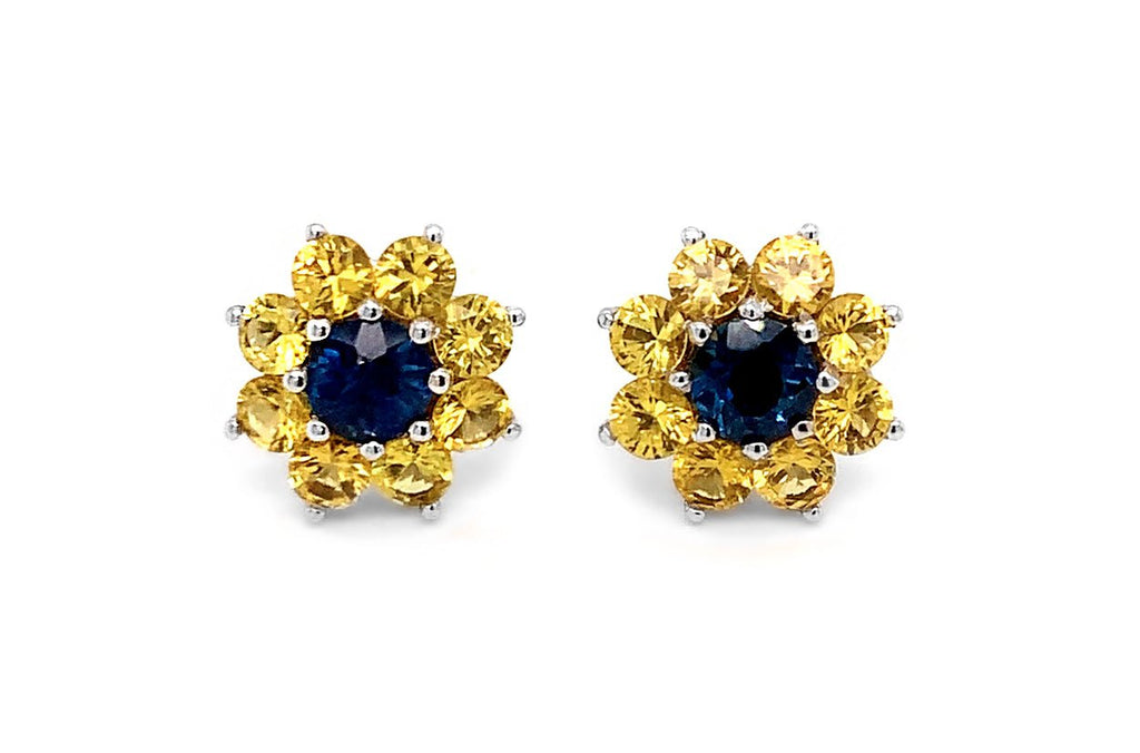 Earrings 18kt Gold Sunflowers with Sapphires Stud - Albert Hern Fine Jewelry
