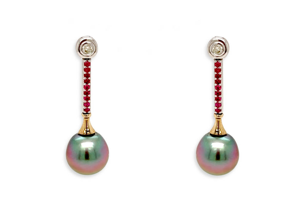 Earrings 18kt Gold Tahití Pearls with Rubies & Diamonds Drop - Albert Hern Fine Jewelry