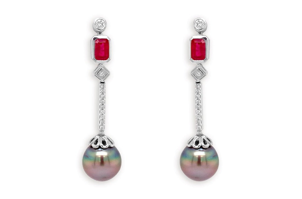 Earrings 18kt Gold Tahití Pearls with Rubies & Diamonds studs - Albert Hern Fine Jewelry