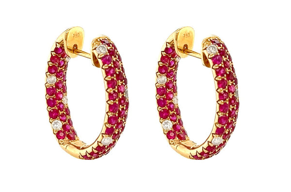 Earrings 18kt Gold Three-Row Rubies & Diamonds Hoops - Albert Hern Fine Jewelry
