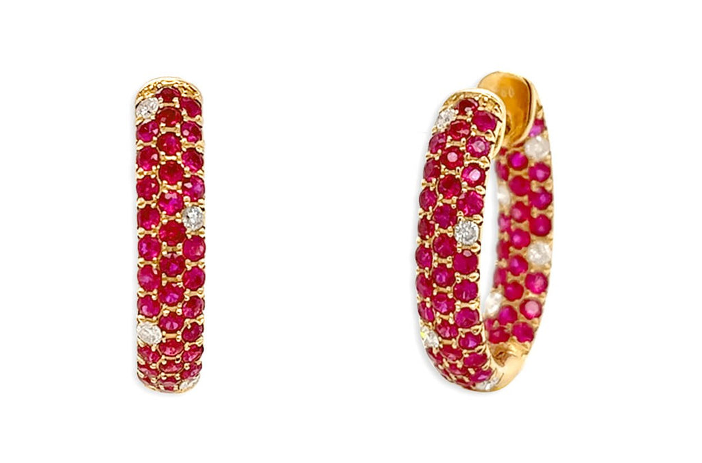 Earrings 18kt Gold Three-Row Rubies & Diamonds Hoops - Albert Hern Fine Jewelry