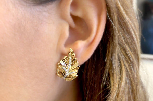 Earrings 18kt Gold Yellow Leaves & Diamonds Omega Back - Albert Hern Fine Jewelry