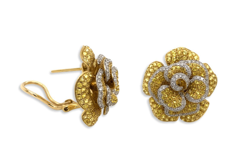 Earrings 18kt Gold Yellow Sapphire Flowers & Diamonds - Albert Hern Fine Jewelry