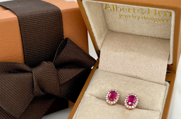Earrings 18kt Oval Rubies & Diamonds Halo - Albert Hern Fine Jewelry