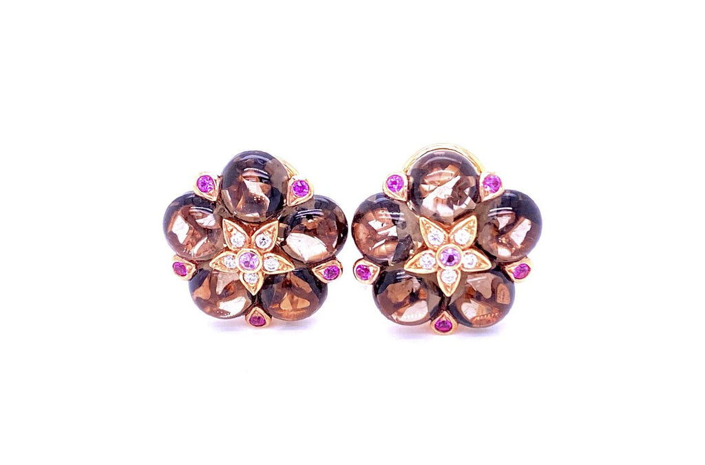 Earrings 18kt Rose Gold Smokey Topaz Clip Flowers - Albert Hern Fine Jewelry
