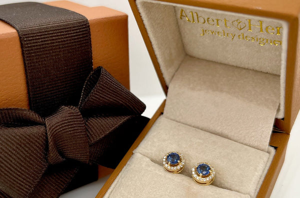 Earrings 18kt Round Sapphire & Diamonds Halo - Albert Hern Fine Jewelry