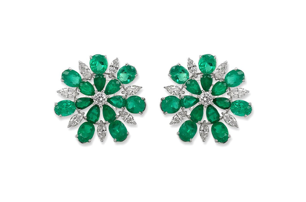 Earrings 18kt White Gold Flowers Emeralds & Diamonds - Albert Hern Fine Jewelry