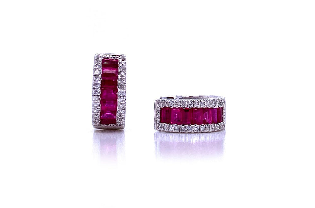 Earrings 18kt White Gold Huggies Ruby Baguettes & Diamonds - Albert Hern Fine Jewelry