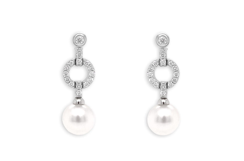 Earrings 18kt White Gold Large Dangle South Sea Pearl & Diamonds - Albert Hern Fine Jewelry
