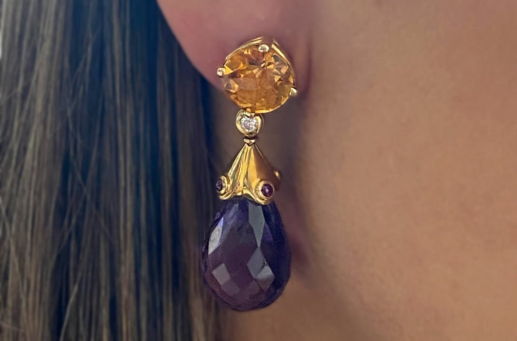 Earrings Citrine Faceted, Ruby Cabouchons & Faceted Amethyst