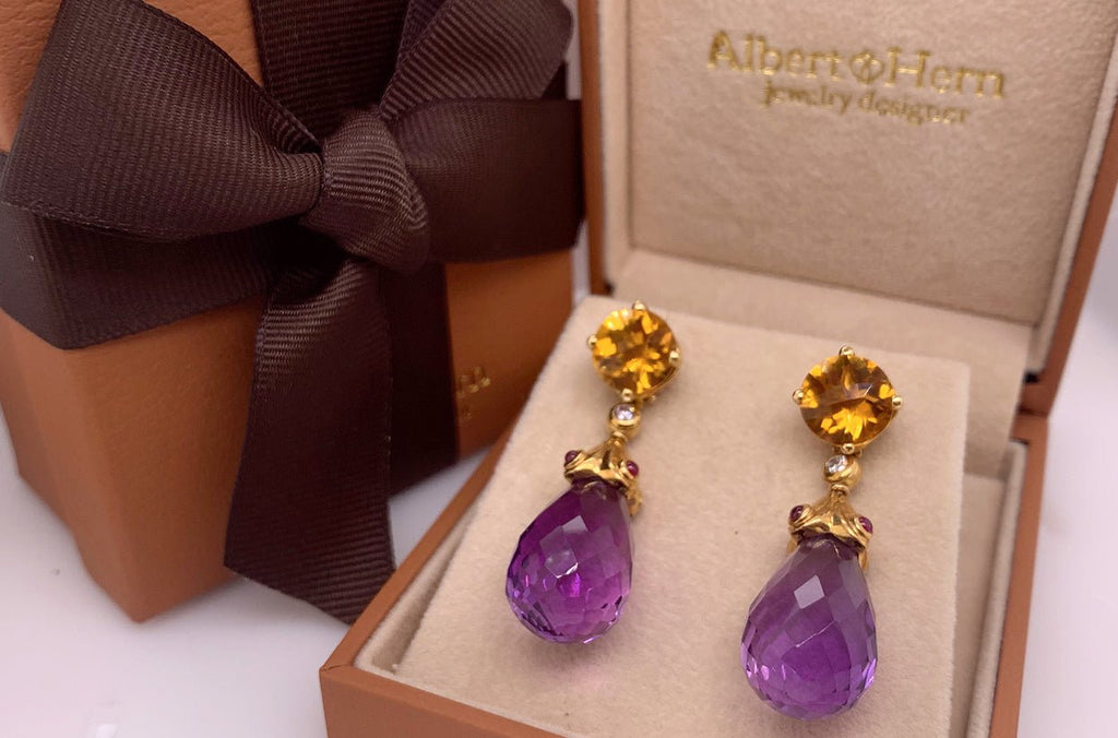 Earrings Citrine Faceted, Ruby Cabouchons & Faceted Amethyst