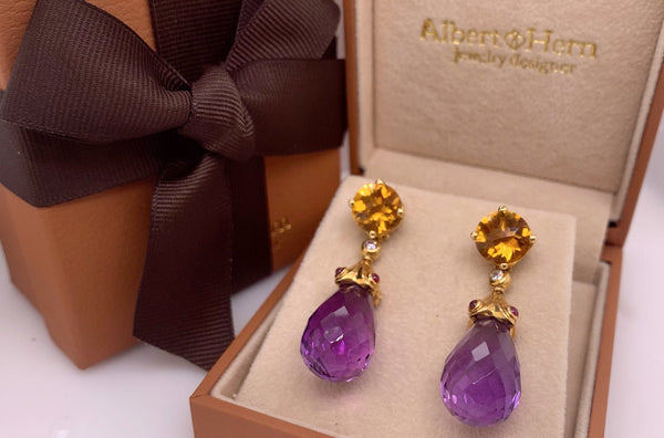 Earrings Citrine Faceted, Ruby Cabouchons & Faceted Amethyst Teardrop - Albert Hern Fine Jewelry