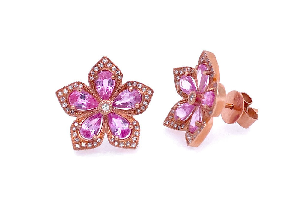 Earrings Flowers 14kt Gold Pink Sapphire & Diamonds - Albert Hern Fine Jewelry