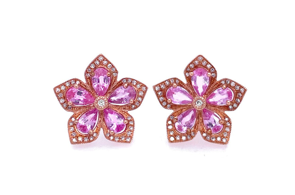 Earrings Flowers 14kt Gold Pink Sapphire & Diamonds - Albert Hern Fine Jewelry