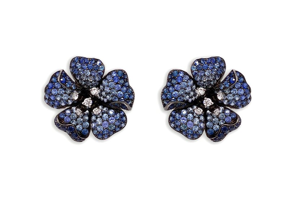 Earrings Flowers with Blue Sapphires Degrade & Diamonds - Albert Hern Fine Jewelry