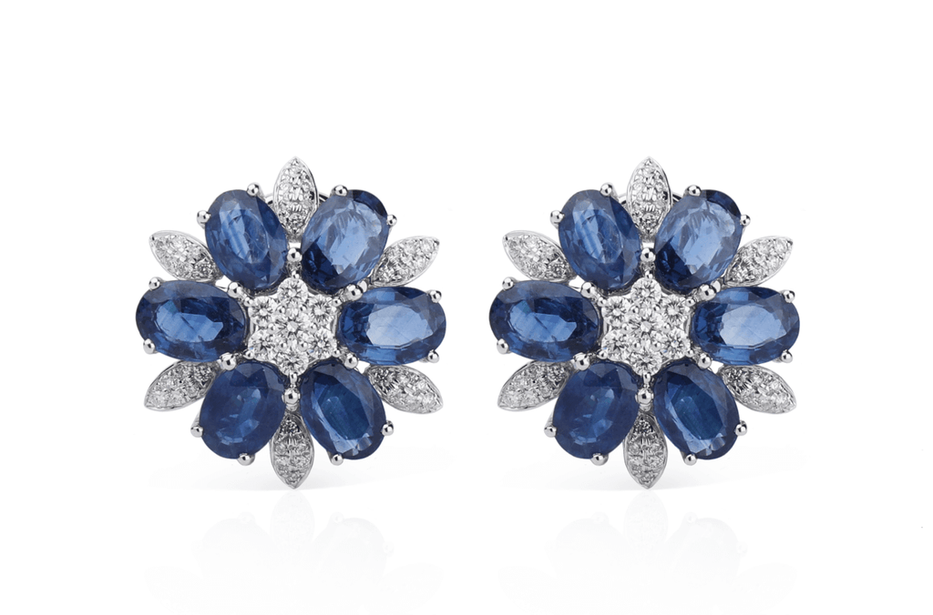 Earrings Flowers with Blue Sapphires & Diamonds - Albert Hern Fine Jewelry