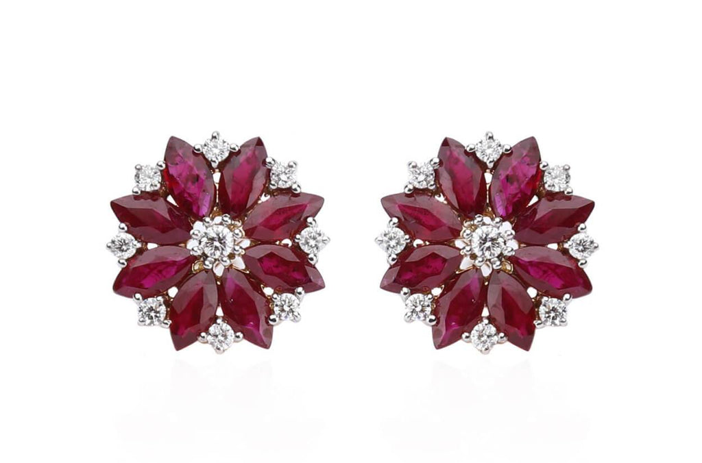 Earrings Flowers with Marquise Rubies & Diamonds - Albert Hern Fine Jewelry