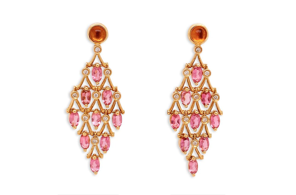 Earrings Orange & Pink Sapphire Chandelier with Diamonds - Albert Hern Fine Jewelry