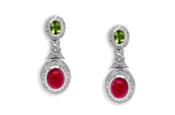 Earrings Peridot & Tourmaline Cabochons with Diamonds - Albert Hern Fine Jewelry