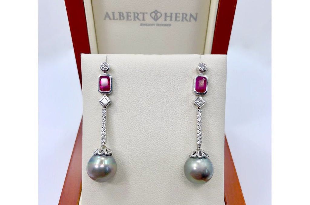 Earrings Two Tahiti Black Pearls & Ruby with Diamonds - Albert Hern Fine Jewelry
