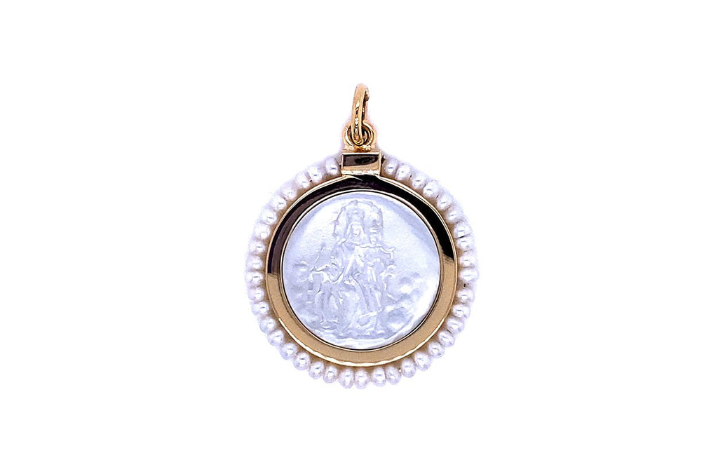 Medal 18kt Gold Mother Pearl Our Lady of Mount Carmel & Round Pearls Pendant - Albert Hern Fine Jewelry