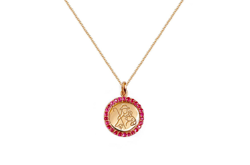 Medal Divine Shepherdes | Divina Pastora Gold & Hot Pink Sapphires - Albert Hern Fine Jewelry