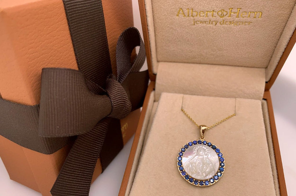 Medal Mother of Pearl Miraculous | Milagrosa 14kt Gold & Gemstones - Albert Hern Fine Jewelry
