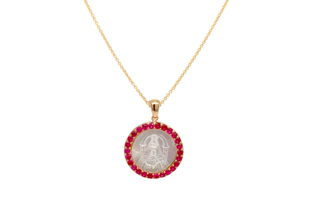 Medal Mother of Pearl Our Lady of Coromoto | Virgen de Coromoto 14kt Gold & Rubies - Albert Hern Fine Jewelry