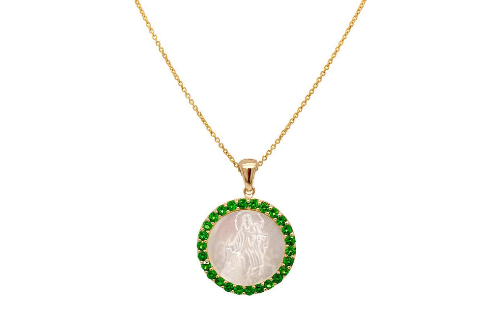 Medal Mother of Pearl Our Lady of Mount Carmen | Virgen del Carmen 14kt Gold & Gemstones - Albert Hern Fine Jewelry