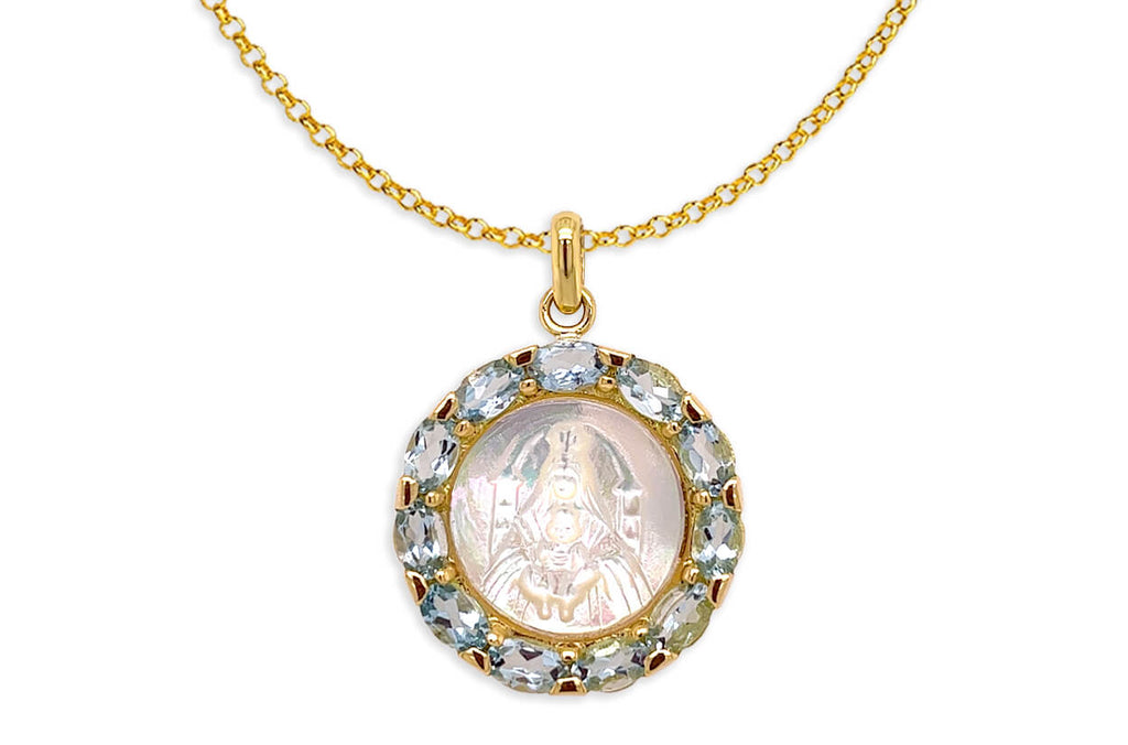 Medal Mother of Pearl Our Lady of Mount Carmen | Virgen del Carmen 18kt Gold & Aquamarines - Albert Hern Fine Jewelry