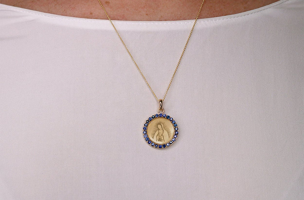 ▽ Medal Our Lady of Guadalupe | Gold & Blue Sapphires – Albert Hern